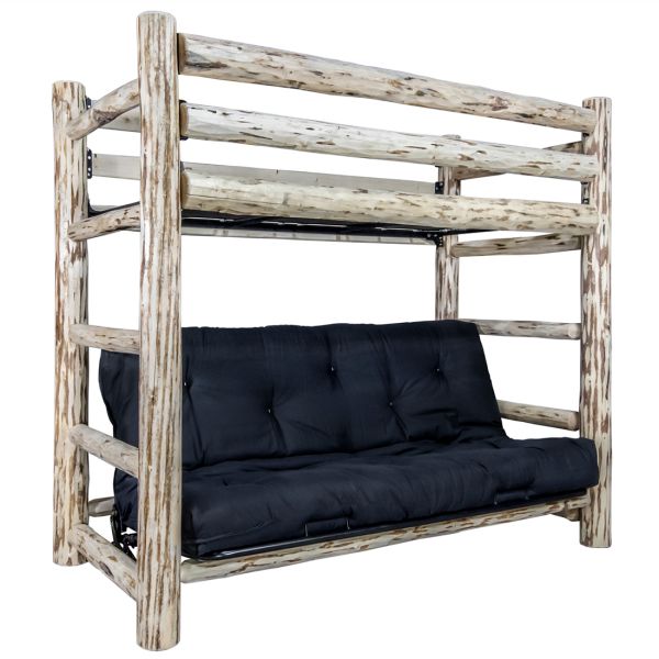 Rustic Twin Over Futon Pine Log Bunk Bed, Lodgepole Bunk Beds