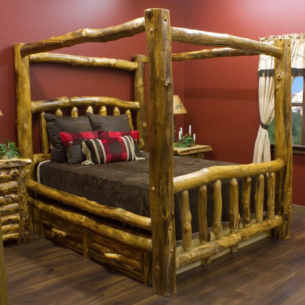 Rustic Aspen Log Canopy Bed, Log Post Bed Frame