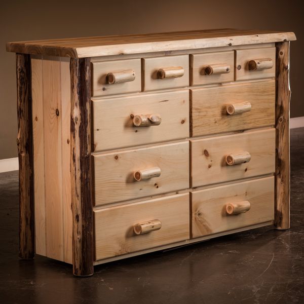 Rustic Ten Drawer Pine Log Dresser, Rustic Pine Log Dresser