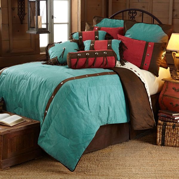 Turquoise Cheyenne Tooled Faux Leather, Leather Comforter Set